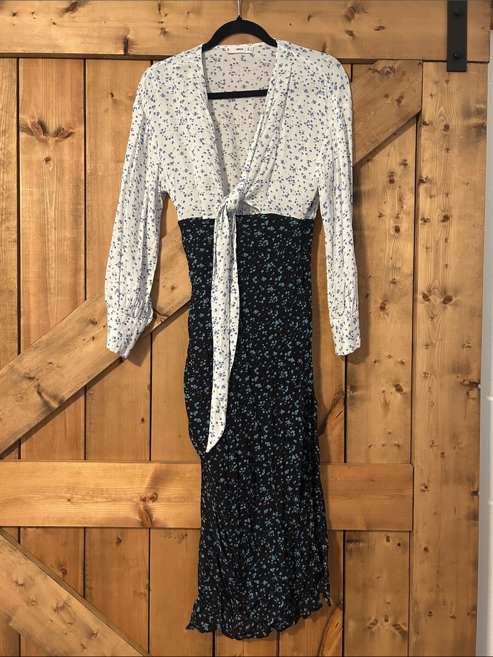 Mango White and Black Floral Tie-Front Maxi Dress